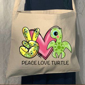Peace Love Turtle Crossbody Messenger Cotton Canvas Tote Bag with Long…